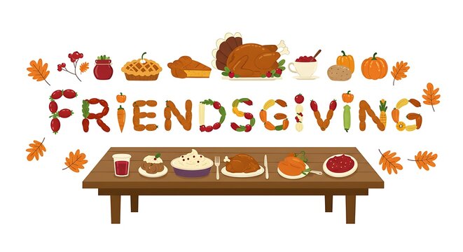 A festive flat vector of a table with “Friendsgiving” spelled in food items like turkey, pumpkin pie, and mashed potatoes, centered on a white background
