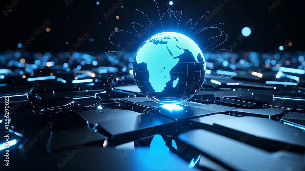 Poster glowing blue globe over a circuit board representing digital technology and global connection