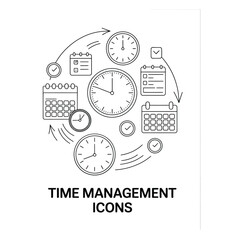 Black and white vector line illustration of time management icons including clock, calendar, checklist, and timer in minimalist style