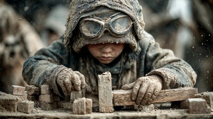 Skilled Craftsman with Helmet and Goggles Working on Wood