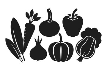 Six Black Vegetable Silhouettes Carrot Onion Pumpkin Pepper