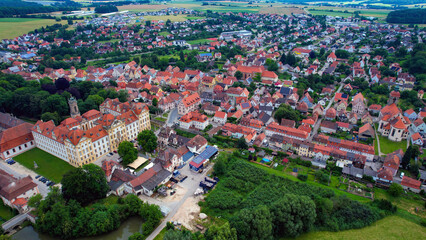 Aerial panorama view around the old town of Ellingen, 91792 in Bavaria on an overcast summer day in Germany.
