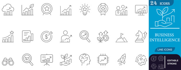 Essential Business Intelligence line icons for visualizing data, growth, and strategy. Perfect for dashboards, reports, and presentations in finance, tech, and marketing projects.