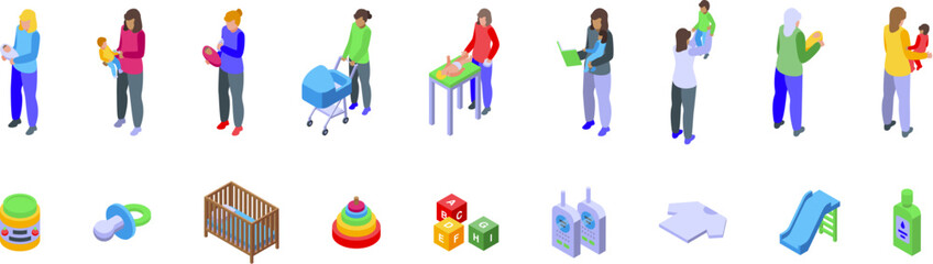 Nanny baby icons set. Parents engaging in various childcare activities, including feeding, playing, changing diapers, and using baby products like strollers, cribs, and toys