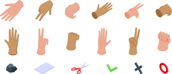 Rock paper scissors icons set. Isometric hands gesturing, showing numbers, playing rock paper scissors, and giving feedback icons set