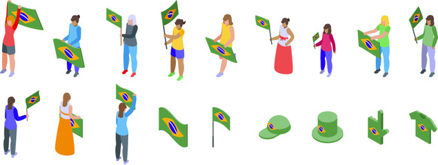 Woman holding brazilian flag icons set. Isometric brazilian patriots waving national flags, wearing themed t shirts, hats, and celebrating independence day or other national holiday
