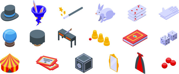 Illusionist equipment icons set. Magic show equipment including wand, hat, rabbit, cards, and more create a captivating illusion