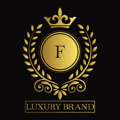 Gold Emblem with Crown and Laurel Wreath on F Logo Black Background