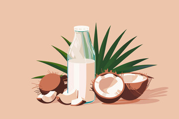 Vector illustration of coconut milk in a glass and bottle, split coconut, with palm leaves on a peach backdrop