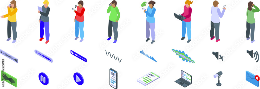 Poster recording voice messages icons set. people sending and receiving voice messages on smartphones, isom