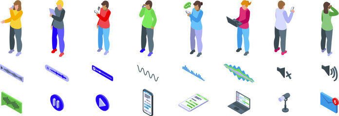 Recording voice messages icons set. People sending and receiving voice messages on smartphones, isometric voice and audio message icons set