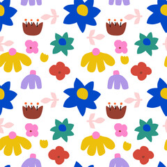 Seamless hand drawn floral pattern with abstract flowers. Botanical creative texture herbaria, design for fabric, apparel, digital papers. Vector background illustration
