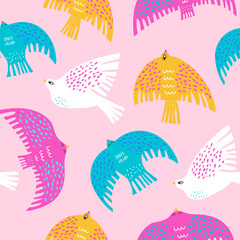 Seamless pattern with Scandinavian style bold colorful birds. Creative cartoon bird texture. Great for fabric, textile Vector Illustration
