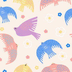 Seamless pattern with Scandinavian style bold colorful birds. Creative cartoon flowers and bird texture. Great for fabric, textile Vector pastel background Illustration