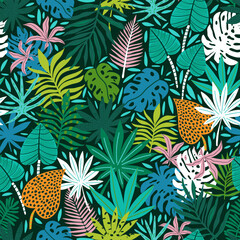 Seamless pattern palm branch and tropical background. Creative colorful and green jungle floral texture. Great for fabric, textile Vector Illustration