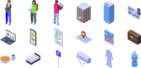 Online hotel booking icons set. Tourists are using smartphones, laptops, and apps to book hotel rooms, plan their trips, and enjoy hotel amenities