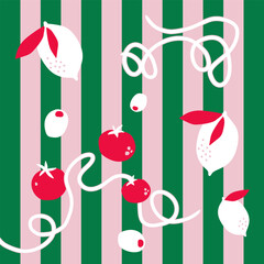 Illustration in Italy style with striped green pink background and lemon, tomatoes and pasta elements. Vector backdrop.