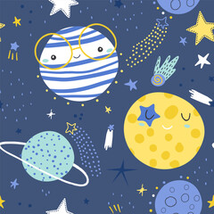Seamless navy childish pattern with funny planet characters. Trendy cartoon space texture for fabric, apparel, textile, wallpaper. Vector illustration