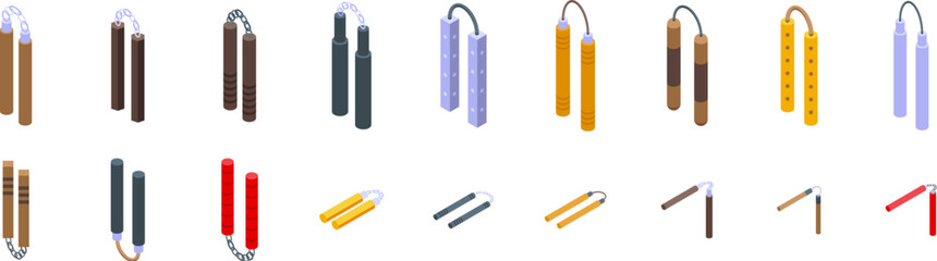 Nunchaku icons set. Different types of nunchaku, showcasing diverse materials and designs used in martial arts training and combat