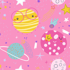 Seamless pink childish pattern with funny planet characters. Trendy cartoon space texture for fabric, apparel, textile, wallpaper. Vector illustration