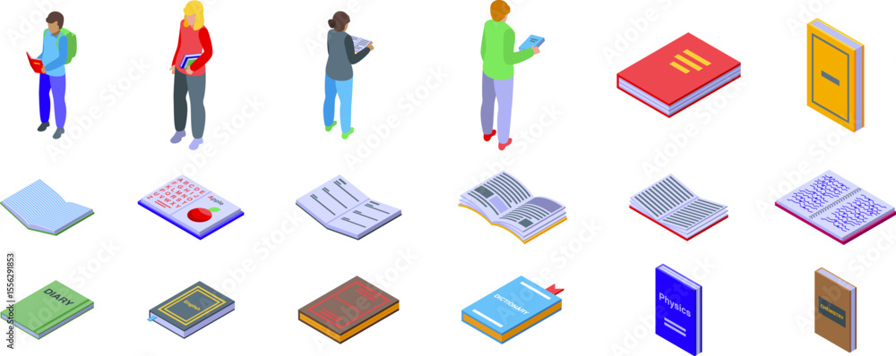Poster schoolbook icons set. students holding and reading books and different types of books icons set isom