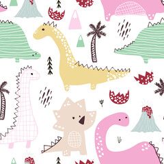Childish seamless pattern with hand drawn Dino in Scandinavian style. Creative pastel vector childish background for fabric, textile