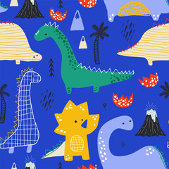 Childish seamless pattern with hand drawn Dino in Scandinavian style. Creative bright vector childish background for fabric, textile