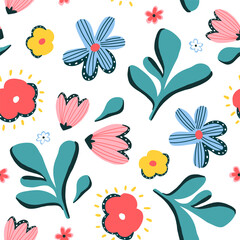 Seamless botanical pattern with abstract leaves, flowers. Creative floral background. Vector texture for fabric, wallpapers, apparel, textile.