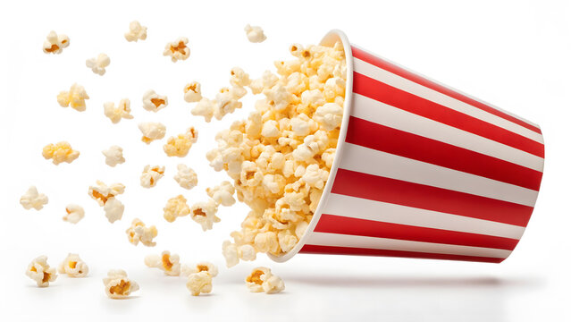 Delicious popcorn spills from a red and white striped bucket against a clean white background perfect for snacking and entertainment.
