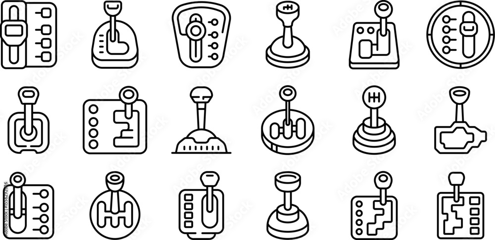 Poster gear shifter icons set. set of gear shift lever icons representing various manual and automatic tran