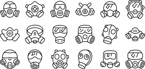 Rubber hazard gas mask icons set. Collection of respirator icons representing filtering respirators and self contained breathing apparatus, providing protection from hazardous environments