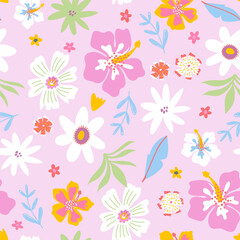 Seamless pattern with summer tropical flowers. Jungle pastel pink florals, leaves texture. Vector illustration.