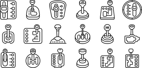 Gear shifter icons set. Set of gear shift lever icons representing various manual and automatic transmission systems used in cars, trucks, and other vehicles