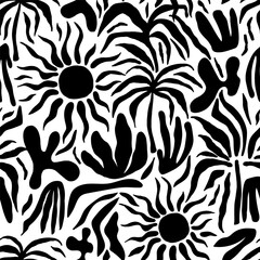 Seamless abstract pattern with sun, palm tree, leaves. Summer tropical monochrome texture. Vector illustration.