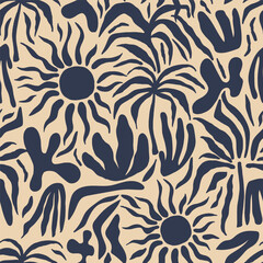Seamless abstract pattern with sun, palm tree, leaves. Summer tropical monochrome texture. Vector illustration.