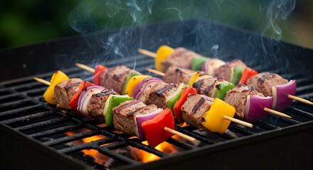 A closeup of sizzling barbeque skewers with juicy meat, colorful peppers, and onions on a hot grill, smoke rising and flames glowing, outdoor summer setting, ultra realistic and detailed