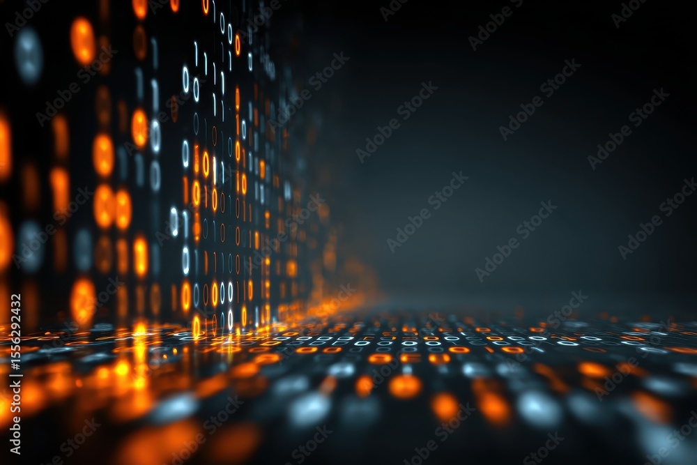 Poster digital curtain of glowing orange and white binary code with a dark, gradient background