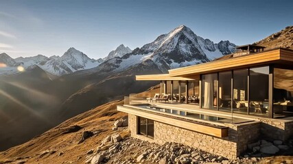 Luxury Modern Mountain House Landscape at Sunset