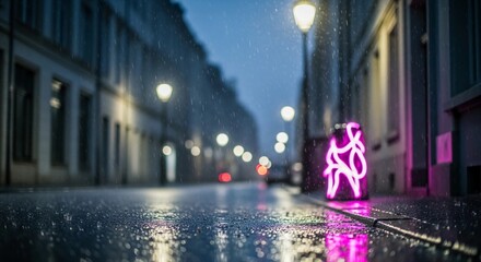 Obraz premium Neon-lit can on a wet city street during a rainy evening