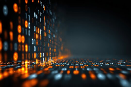 Digital curtain of glowing orange and white binary code with a dark, gradient background - Powered by Adobe