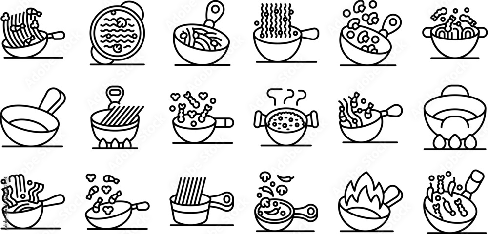 Poster wok pan icons set. outline set of wok pan vector icons for web design isolated on white background