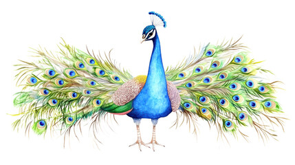 Obraz premium Elegant colorful peacock with sprawling tail feathers displaying eye pattern and vibrant plumage in natural setting