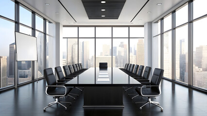 Sleek conference room presents a modern business space with a large table, executive chairs, and a cityscape view from expansive windows.