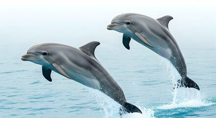 Fototapeta premium Two Dolphins Jumping Out of Water in Ocean Environment Scene