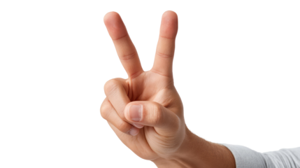 Victory Hand Gesture: A close-up of a hand confidently displaying the victory gesture with the index and middle fingers extended, symbolizing triumph and peace.