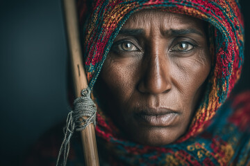 Gaze of the Elder: A close-up portrait of a senior woman with kind face adorned in a vibrant, traditionally patterned headscarf, gazing pensively at the viewer.