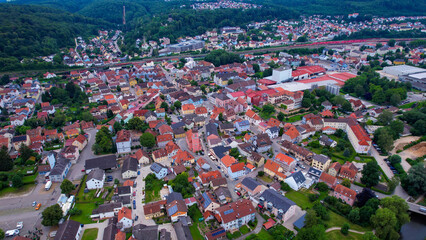 Aerial panorama view around the old town of Treuchtlingen on an overcast summer day in Germany.