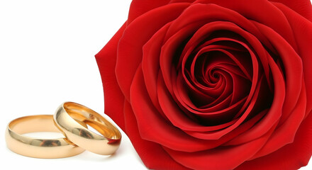 Gold Wedding Rings and a Red Rose Flower Isolated on White