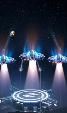 Futuristic spaceships landing at a space station under a starry night sky with moons