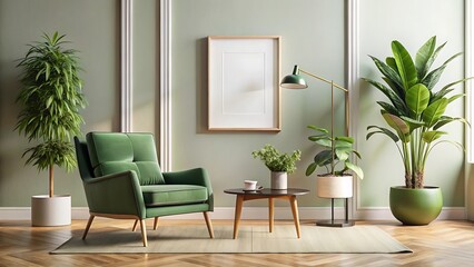 Fototapeta premium Minimalist composition of living room interior with design green armchair, mok up poster frame, plant and decorations. Home decor